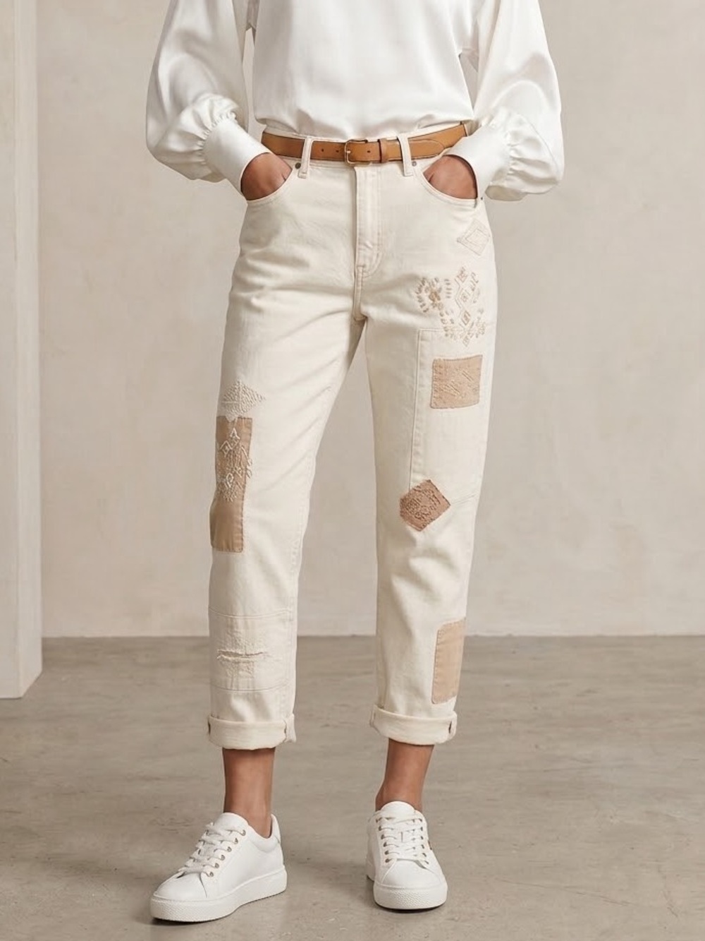 Lauren Ralph Lauren Relaxed Taper Patchwork Embroidered Cream Jeans Size 14 NEW